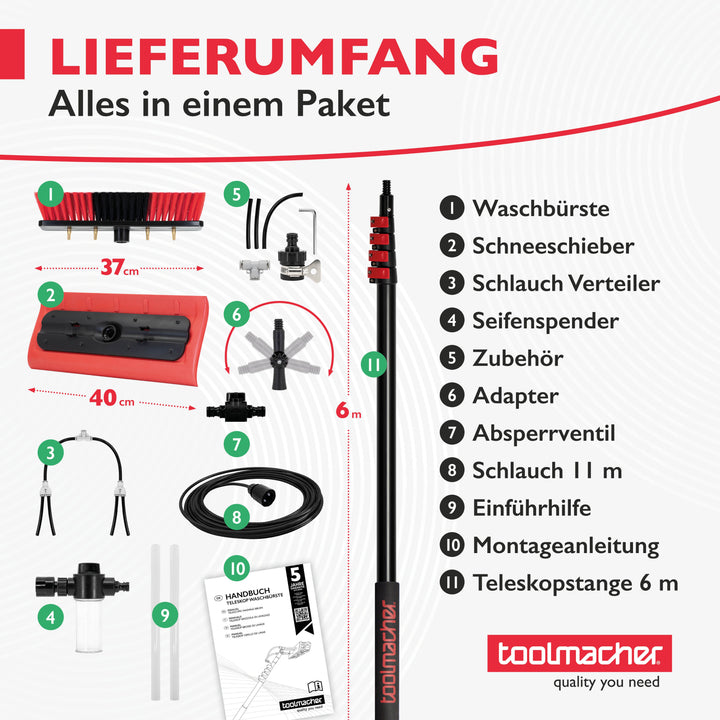 toolmacher® Teleskop Waschbürste 6 Meter - inklusive Schneeschieber