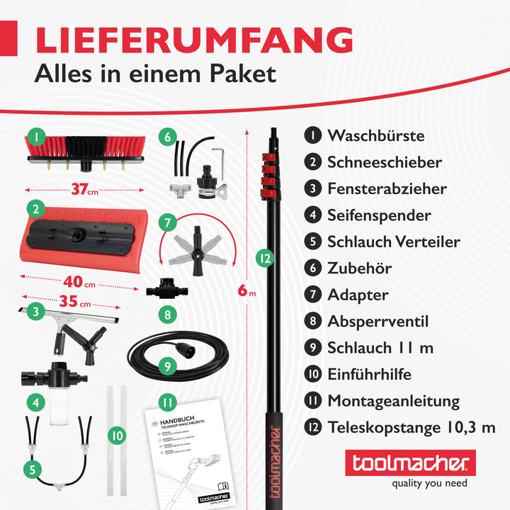 Teleskop Waschbürste 10,3 Meter [inkl. Fensterabzieher & Schneeschieber]